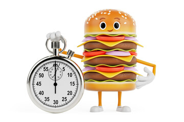 Poster - Cartoon Premium Delicious Burger Icon Person Character Mascot with Modern Stopwatch. 3d Rendering