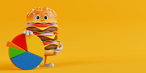 Aufkleber - Cartoon Premium Delicious Burger Icon Person Character Mascot with Info Graphics Business Pie Chart. 3d Rendering