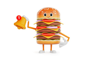 Leinwandbilder - Cartoon Premium Delicious Burger Icon Person Character Mascot witn Cartoon Social Media Notification Bell and New Message Icon. 3d Rendering