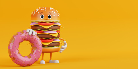 Poster - Cartoon Premium Delicious Burger Icon Person Character Mascot with Big Strawberry Pink Glazed Donut. 3d Rendering