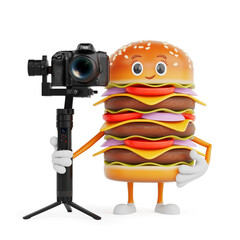 Leinwandbilder - Cartoon Premium Delicious Burger Icon Person Character Mascot with DSLR or Video Camera Gimbal Stabilization Tripod System. 3d Rendering