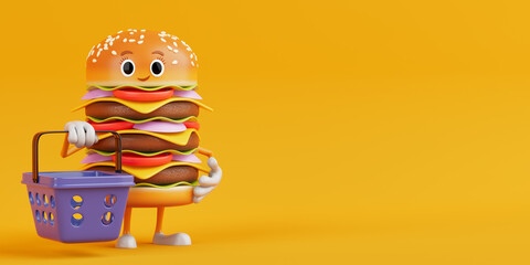 Aufkleber - Cartoon Premium Delicious Burger Icon Person Character Mascot with Cartoon Shopping Basket. 3d Rendering