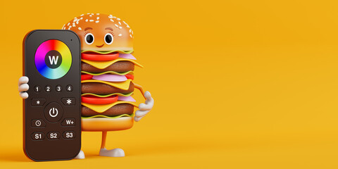 Aufkleber - Cartoon Premium Delicious Burger Icon Person Character Mascot with Infrared Remote Lighting Control for RGB Led Lamp or RGB Strip. 3d Rendering