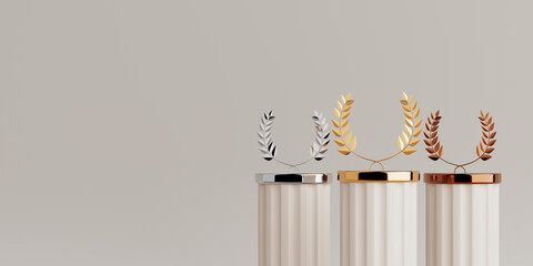 Sticker - Empty Golden, Silver and Bronze Laurel Winner Place Stage Mockup. 3d Rendering