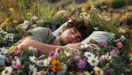 Wall Mural - serene young man resting amidst vibrant flowers in a tranquil natural landscape