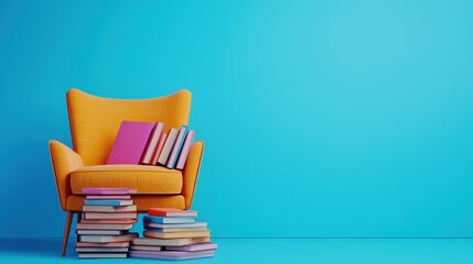 Wall Mural - Cozy Reading Nook with Yellow Armchair and Stacked Books on Blue Background