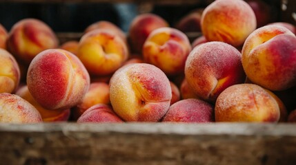 Wall Mural - A close-up of freshly harvested peaches, with soft, fuzzy skin, arranged in a rustic wooden crate