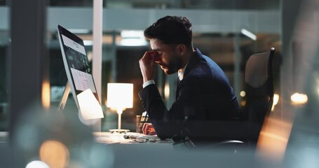 Poster - Computer, night and stress with business man in office for administration or reporting deadline. Burnout, eye strain or headache and employee with anxiety in workplace for late evening overtime