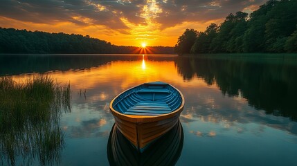 Wall Mural - A lone boat on a lake at sunset, reflecting the golden sky