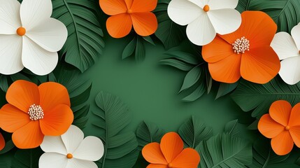 Wall Mural - Tropical Paper Flower Background with Green Leaves and Copy Space