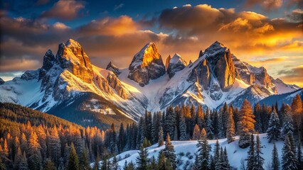 Wall Mural - Dramatic mountain landscape unfolds at dawn, as golden hour light imbues snow-capped peaks with warm, inviting tones, and highlights intricate textures of rocky outcroppings and snow-covered forests.