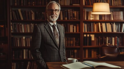 Fototapete - The professor poses confidently in a suit, surrounded by towering shelves of books, creating an atmosphere of knowledge and wisdom. Generative AI