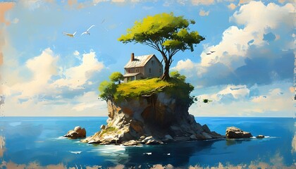 Wall Mural - whimsical floating island featuring a solitary tree and cozy house in a textured, artistic painting style