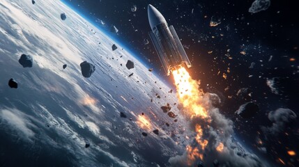 Fototapete - A rocket ascends through the atmosphere, leaving a trail of fire and debris in its wake. The Earth is visible in the background, with clouds and a blue horizon.