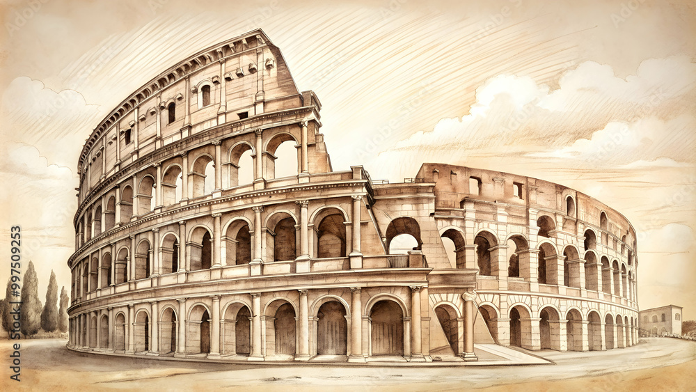 Pencil sketch of the iconic Colosseum in Rome, Italy, Colosseum, Rome ...
