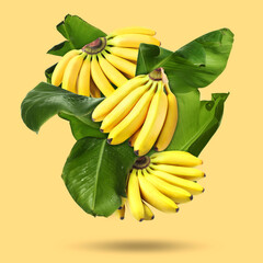 Poster - Fresh bananas and green leaves falling on pale orange background