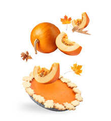 Wall Mural - Autumn cake, pumpkins and orange leaves in air on white background