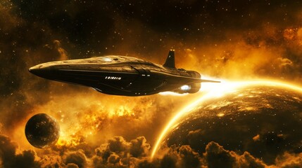 Fototapete - In a stunning cosmic landscape, a futuristic spaceship glides through a vivid galaxy filled with swirling clouds. A bright sun illuminates the scene, revealing two planets in the distance.