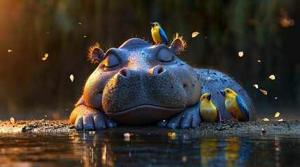 A dwarf hippo resting on the banks of a river with colorful birds perched nearby