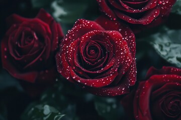 Sticker - A stunning bouquet features deep red roses, each petal glistening with delicate water droplets, showcasing nature's beauty and freshness. Generative AI