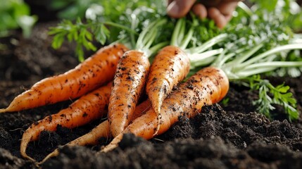 Wall Mural - A close-up of organic carrots being pulled from the soil, dirt still clinging to the roots