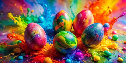 Wall Mural - A vibrant symphony of color erupts as colorful eggs rest amidst a dazzling, abstract landscape of liquid paint splashes.