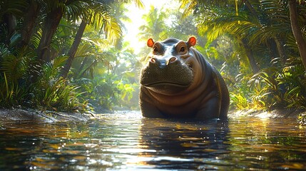 Wall Mural - A lone dwarf hippo gazing up at the sky from the banks of a jungle river, with trees towering overhead