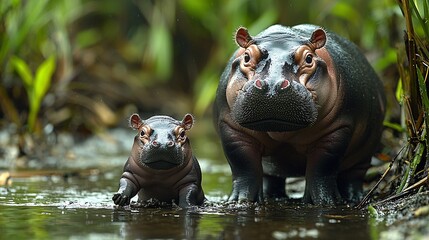 a mother dwarf hippo guiding her baby along a riverbank, with the baby trying to keep up