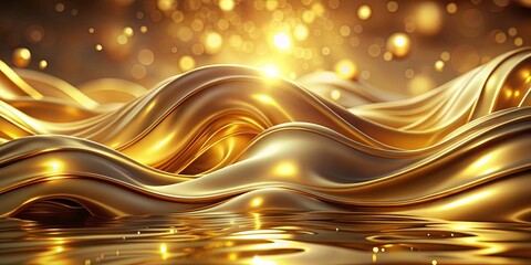 Wall Mural - Abstract Golden Waves with a Gleaming Surface and a Blurred Background of Warm Lights