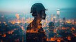 © sunchai - Silhouette of a construction worker with a city skyline at dusk.