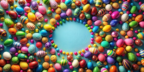 Wall Mural - A vibrant display of colorful Easter eggs arranged in a circular pattern, creating a frame around a blue background, perfect for festive messages and spring greetings.