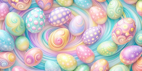 Wall Mural - Pastel Easter Eggs Decorated with Swirls, Dots, and Glitter on a Whirlwind of Colors