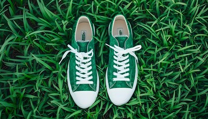 Wall Mural - Chic green sneaker on vibrant grass, ideal for stylish summer explorations and casual outdoor pursuits