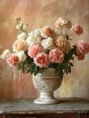Poster - A stunning arrangement of roses and carnations in a vintage vase sits on an antique wooden table, creating a warm and inviting atmosphere. Generative AI
