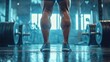 © sunchai - Athlete standing in gym with weights, focus on strong legs and fitness equipment.