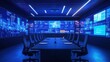 © paper later - A futuristic conference room with glowing blue screens displaying data and graphs.