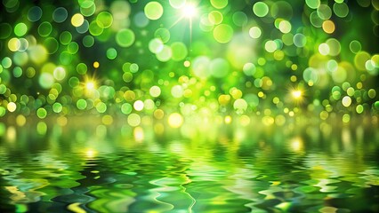 a shimmering green bokeh background with a smooth water reflection reflecting the bright lights