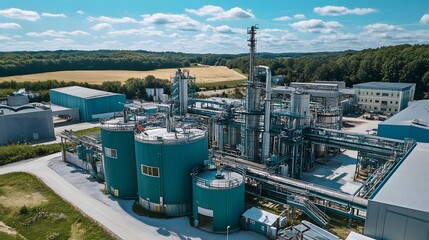 Wall Mural - A large industrial plant with yellow and gray pipes. The sky is blue and there are some clouds