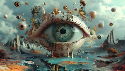 Surreal dreamscape with floating eyes, melting clocks, and fragmented landscapes in vibrant high-quality clarity