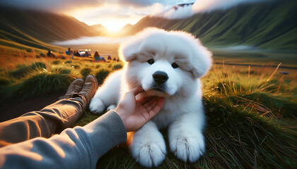 A happy puppy playing on the beach with a fluffy white dog and a playful samoyed in a sunny park