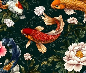 Canvas Print - Koi Fish and Peony Flowers Seamless Pattern