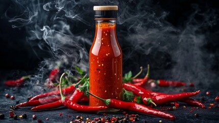 A bottle of vibrant red chili sauce surrounded by fresh red chilies and spices, evoking a sense of heat and flavor.