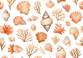 Wall Mural - Watercolor Seashells and Coral Seamless Pattern