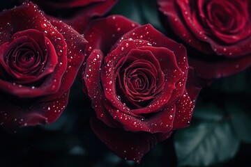 Sticker - This bouquet features vibrant red roses, each petal enhanced by shimmering water droplets, showcasing their freshness and beauty. Generative AI