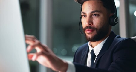 Aufkleber - Call center, computer and solution with business man in office at night for technical support. Assistance, contact us or customer service and telemarketing employee talking with headset in workplace