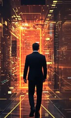 man walking through a digital portal