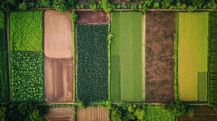 A drone's-eye view of a well-maintained crop farm with different fields of crops in various stages of growth