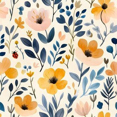 Watercolor Floral Seamless Pattern with Ladybug