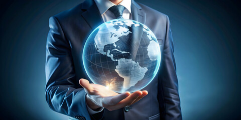 Businessman using virtual holographic globe for global strategy, business, businessman, virtual, holographic, globe