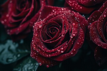 Deep red roses feature glistening water droplets on their velvety petals, presenting a captivating natural beauty in a tranquil environment. Generative AI